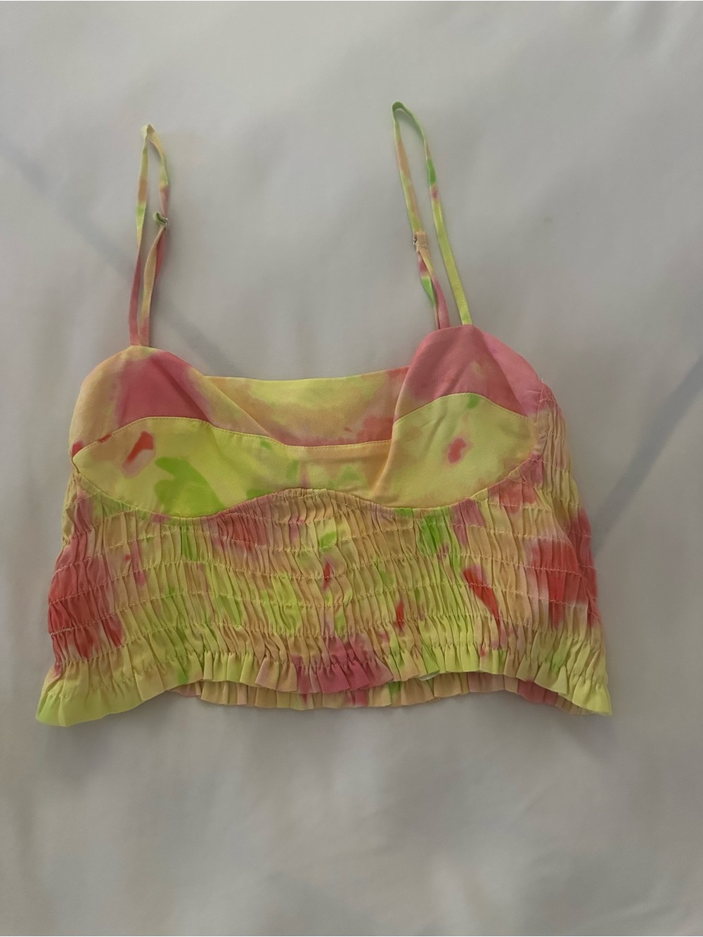 Tie-Dye Ruched Cropped Cami Top - Pink & Yellow